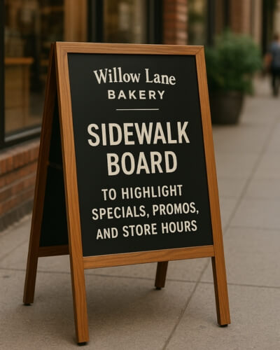a frame sidewalk sign for willow lane bakery
