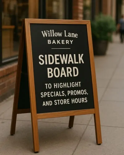 a frame sidewalk sign for willow lane bakery