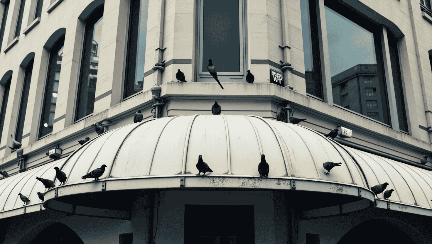 a lot of pigeons on a store's awning