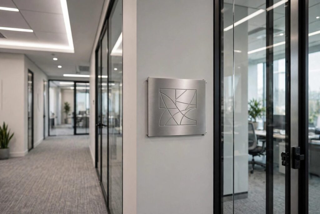 Brushed metal room identification plaque beside office door