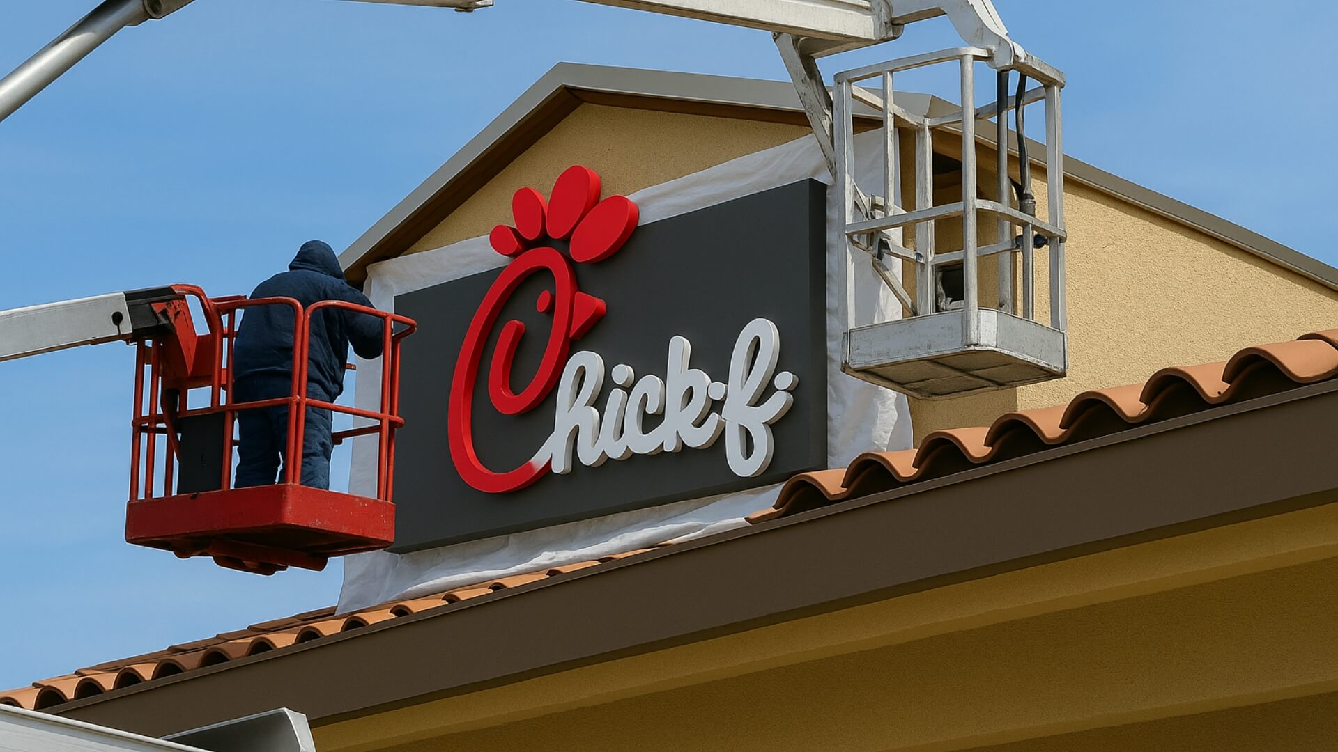 workers fixing the outdoor sign for chickf
