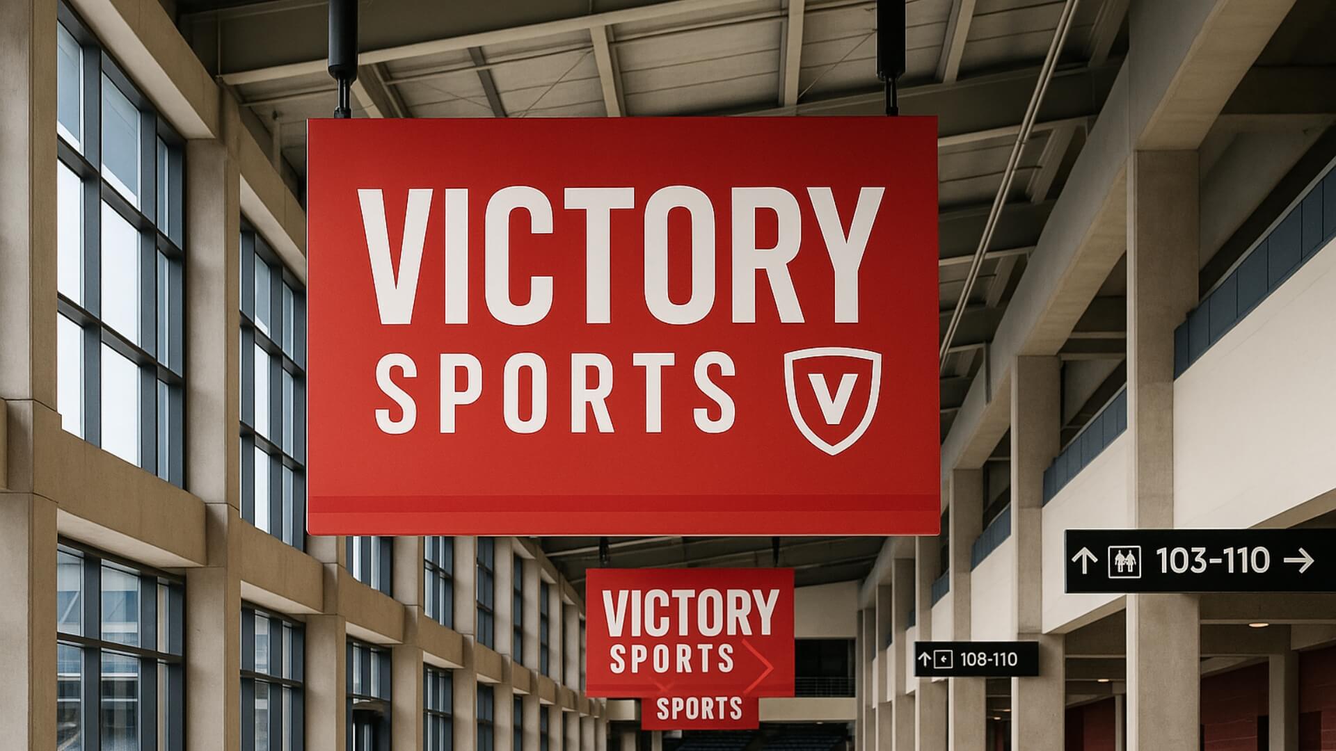 Stadium and Arena Signs 43 hanging banner for victory sports company
