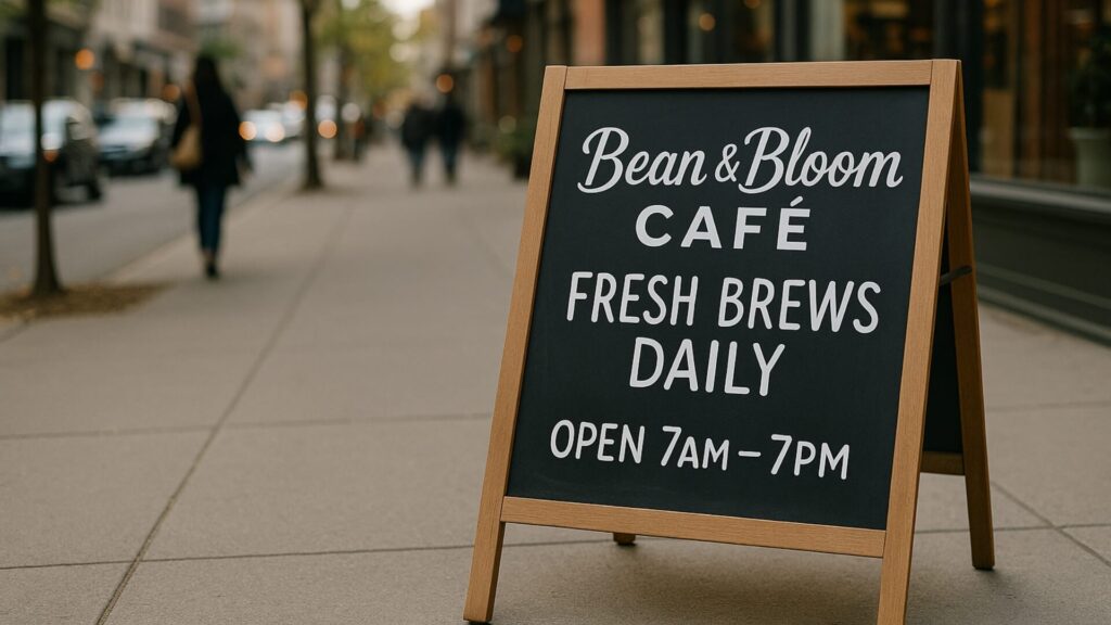 a frame sidewalk sign for bean and bloom cafe in nyc