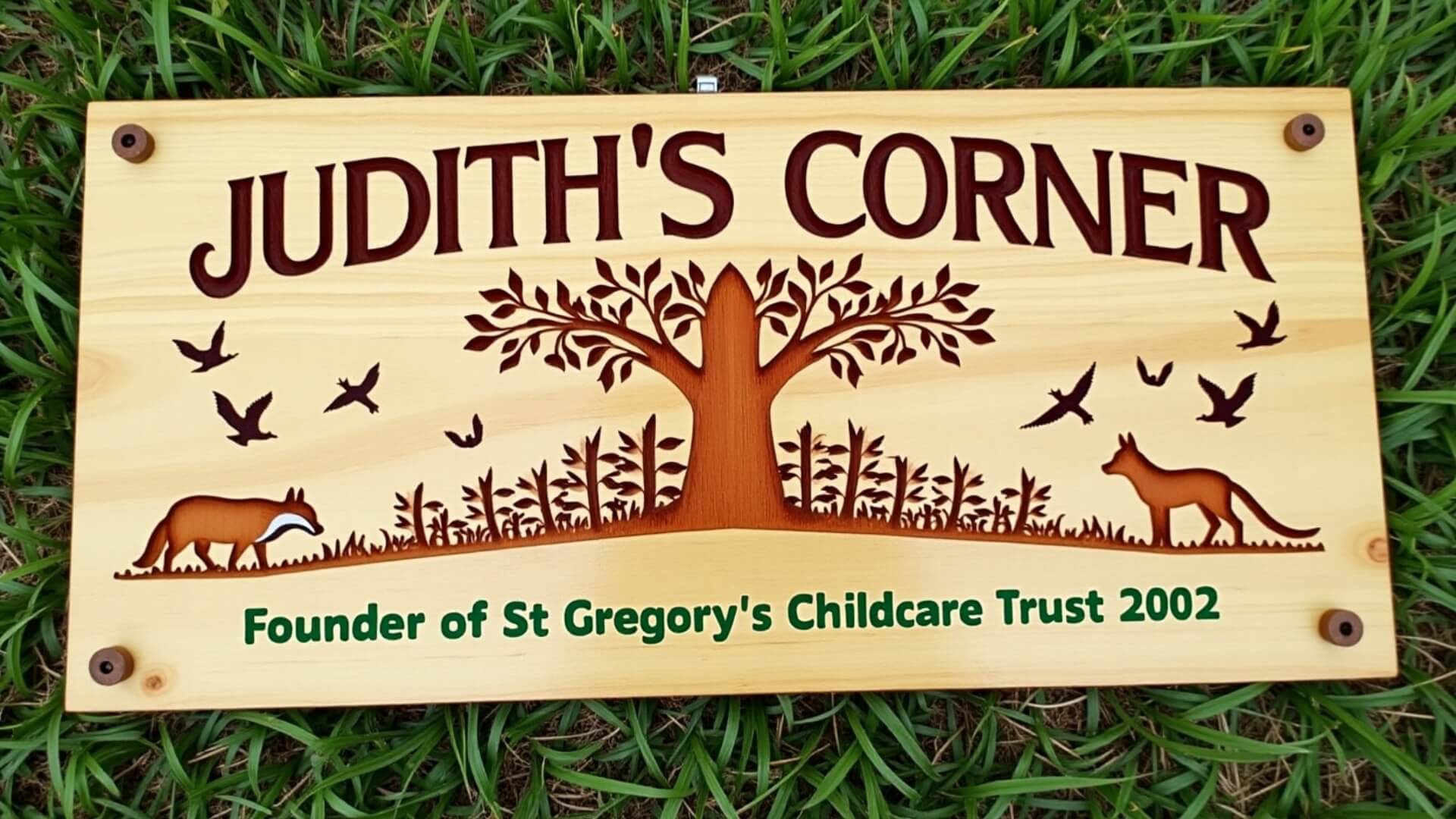 carved sign made for judith's corner sign in new york city