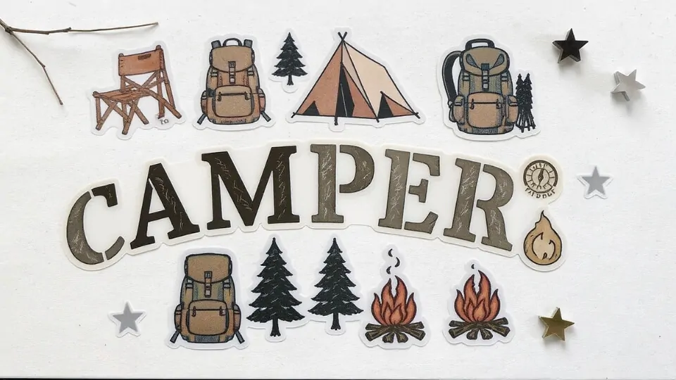 kiss cut sticker set for happy camper with outdoor gear and camping illustrations