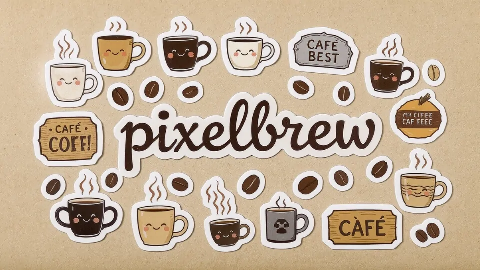 kiss cut sticker sheet for pixelbrew with coffee mugs, beans, and vintage café icons