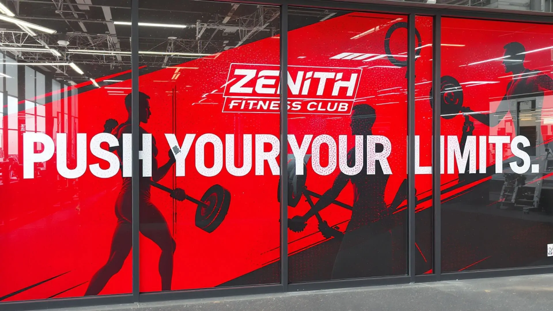 fitness club perforated window wrap with athlete silhouettes and bold colors