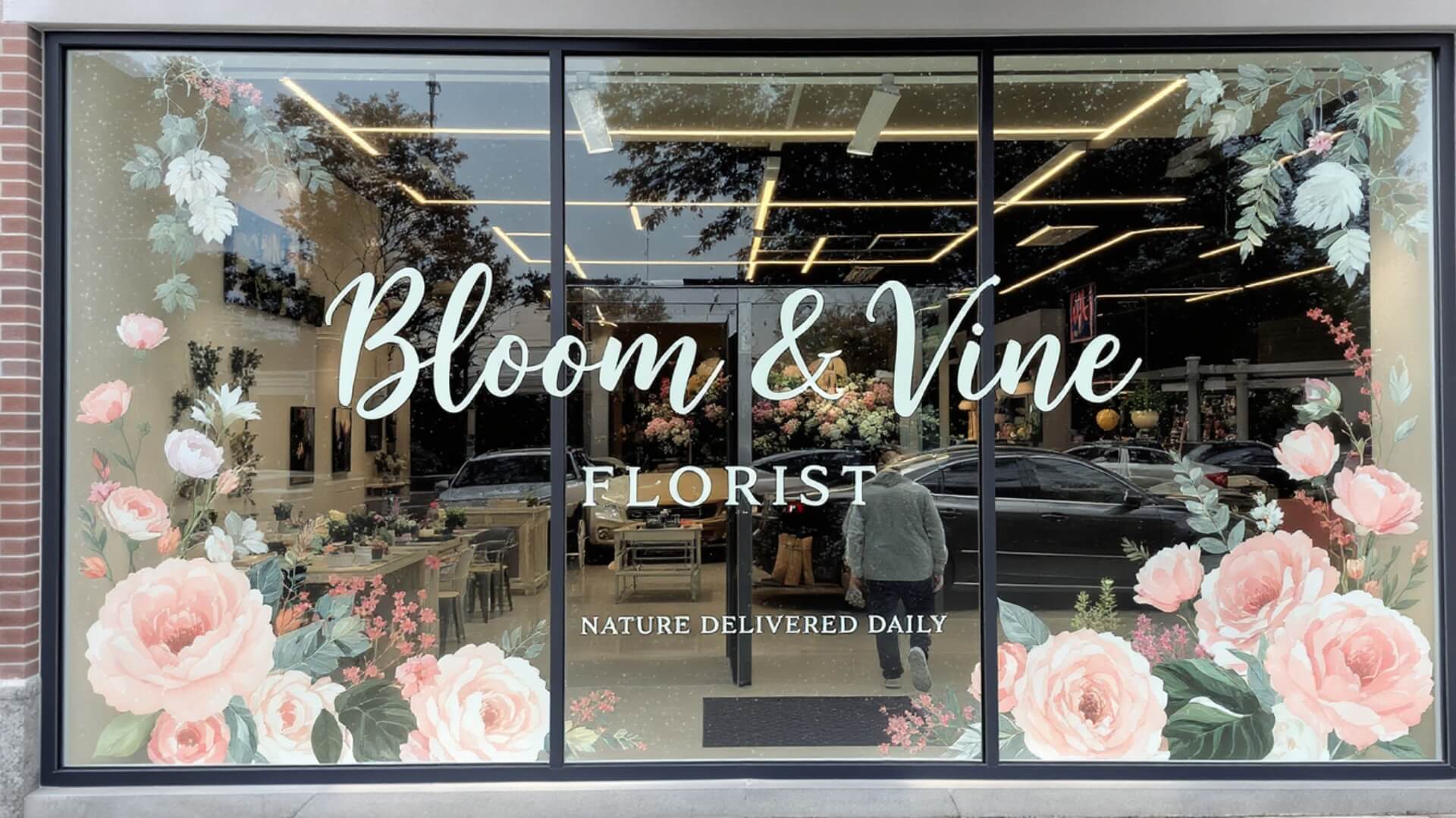 florist shop perforated window wrap with large watercolor flowers