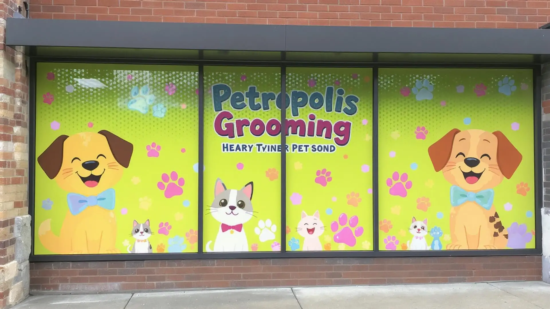 pet spa perforated window wrap with cute pet illustrations and pastels