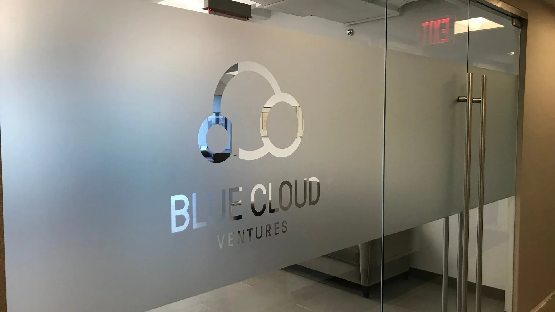 Blue Cloud Ventures frosted logo on office glass nyc