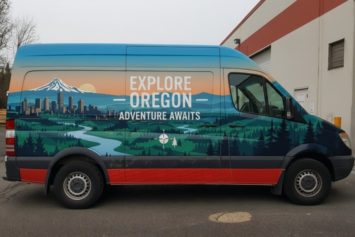 Scenic landscape mural van wrap and window graphics.