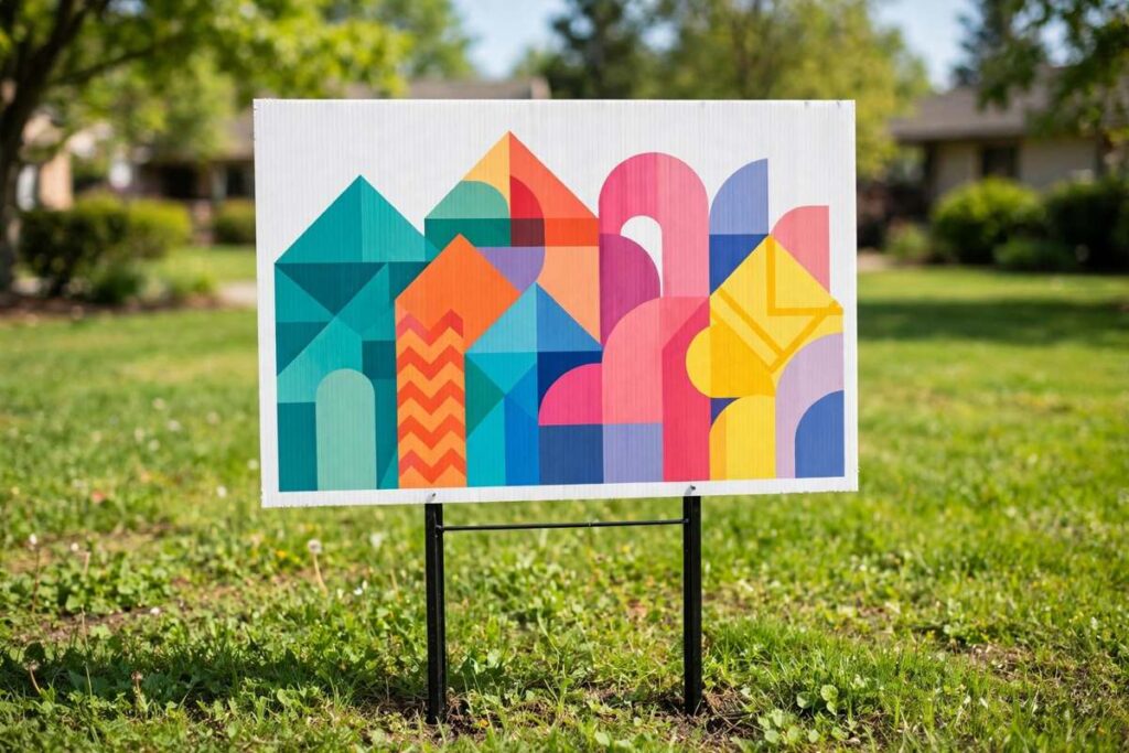 Designed coroplast yard sign on H-stake in front lawn