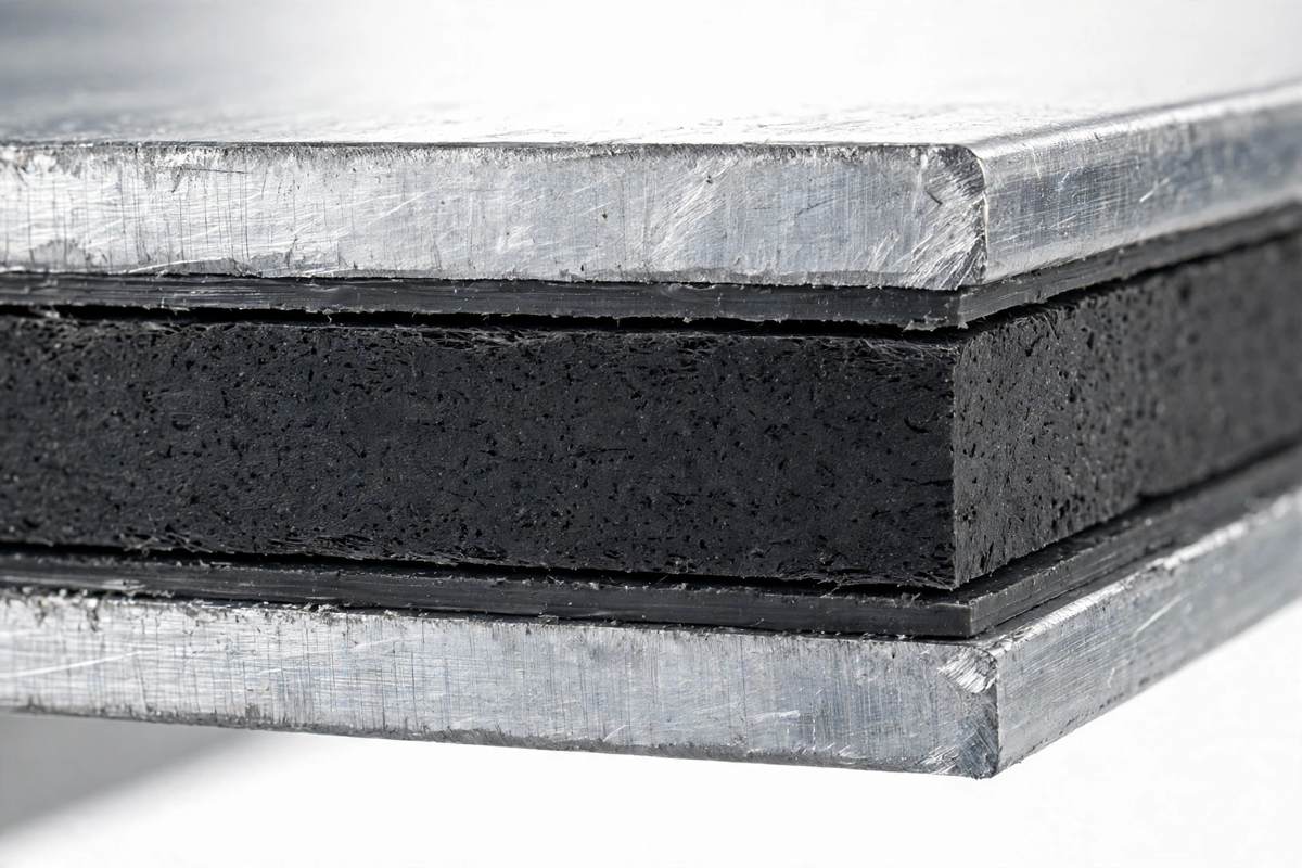 Close-up of aluminum composite panel layered structure