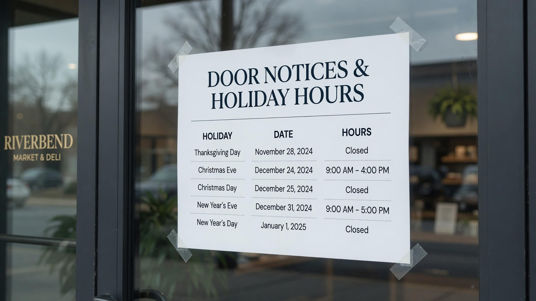 door notices and holiday hours paper posters