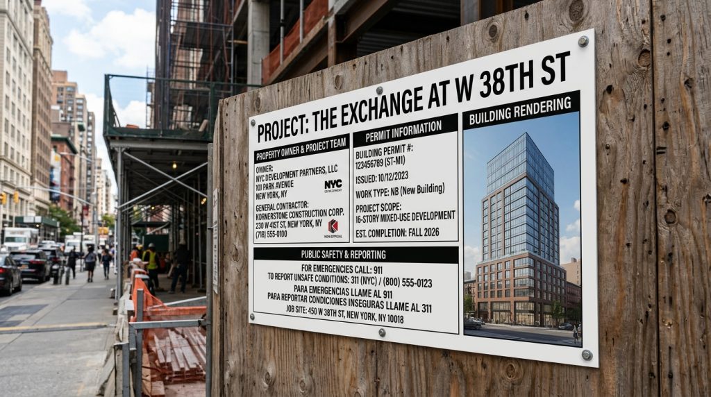 Construction fence panel displaying project and contractor information