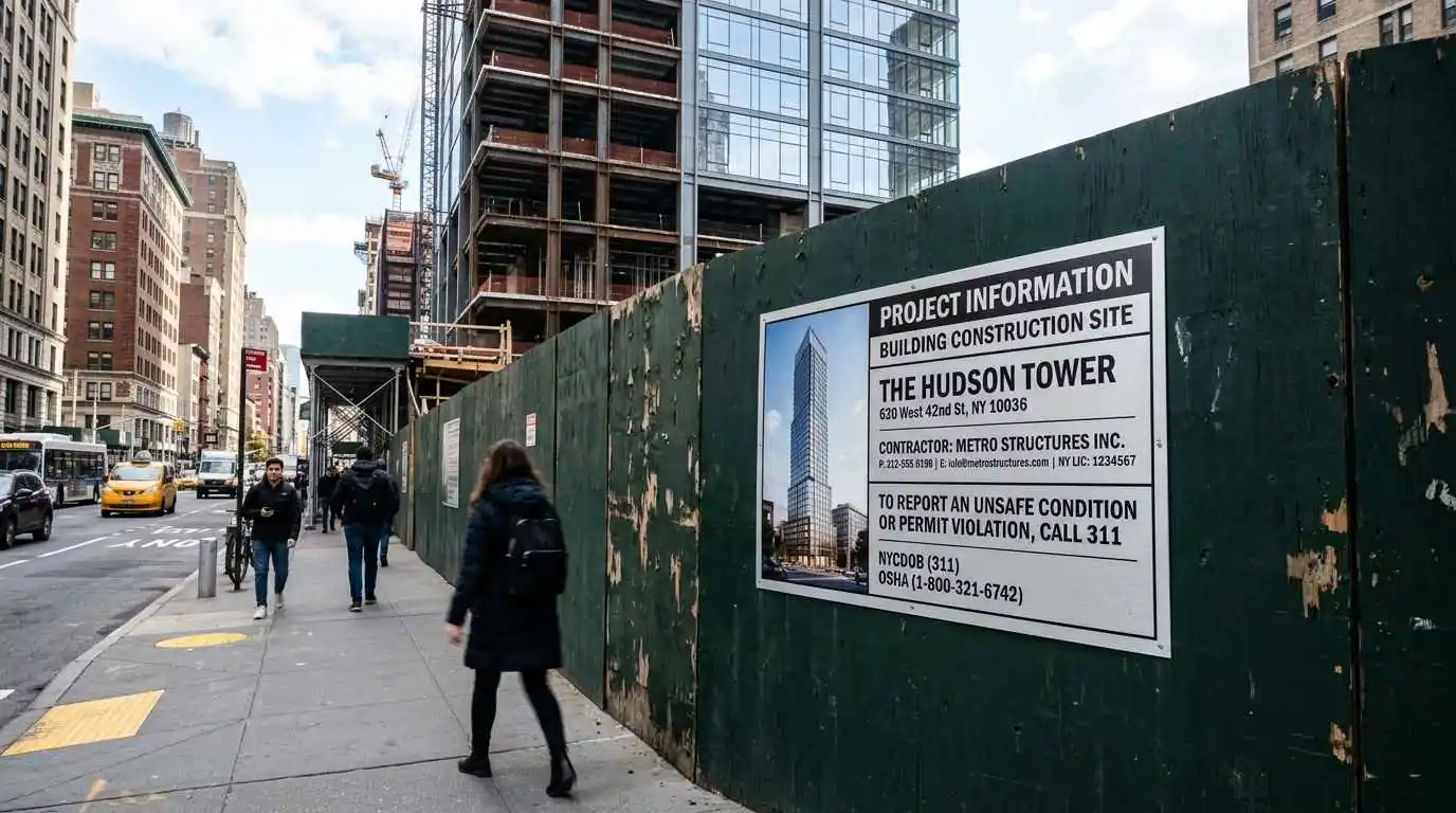 Construction site information sign on an NYC building fence